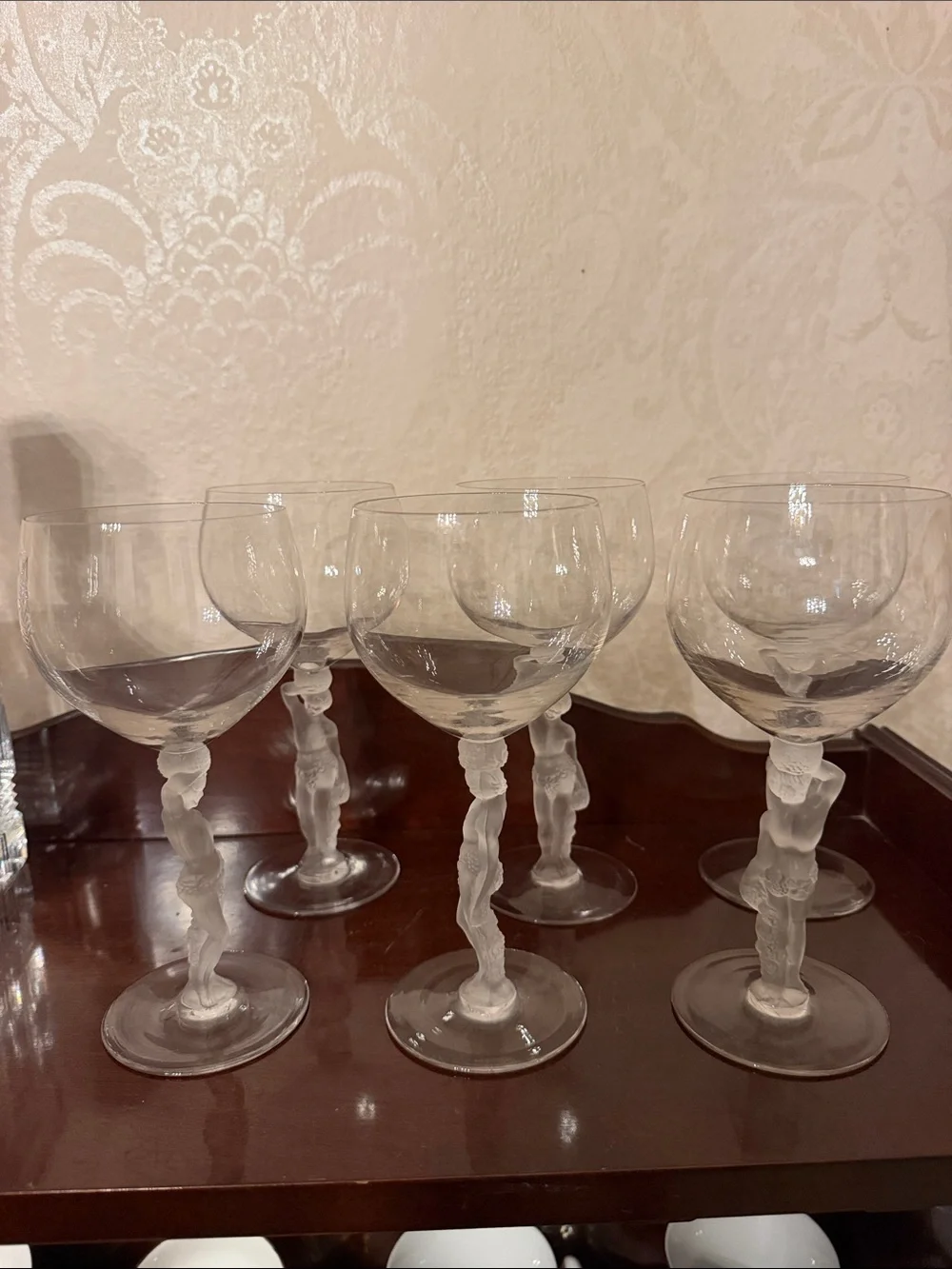 Set of 6 vintage France Bayel Bacchus stem figure crystal goblets, wine glasses